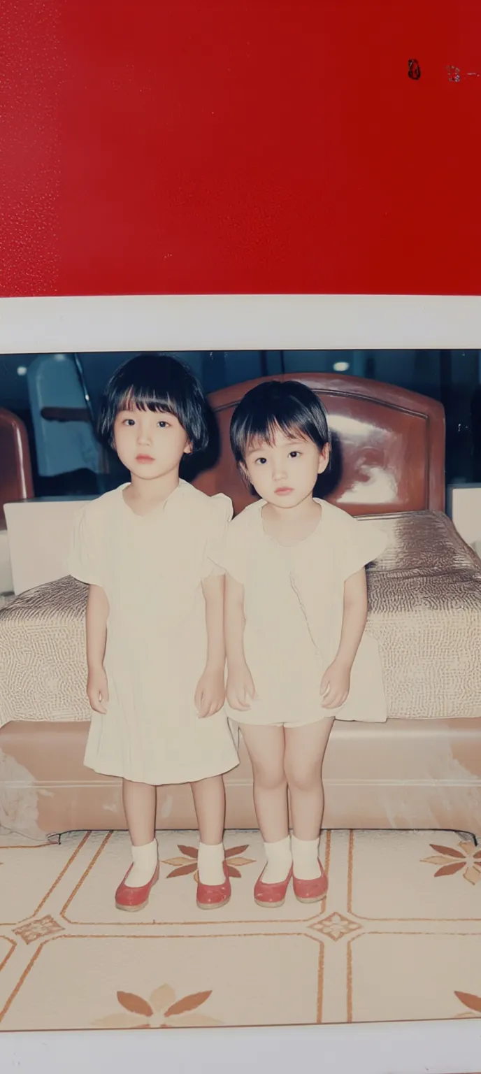 Make this photo look realistic and detailed, there are two young girls dressed in white dresses standing next to each other, with a twin, sisters, angels in white gauze dresses, old picture, childhood friend, wearing dresses, hana alisa omer, in 1 9 8 5, two girls, childhood friend vibes, old photo, about 3 5 years old, wearing a white dress, white dress!! of silver hair, very detailed potrait, realistic portrait photo, close up potrait, profile portrait, very detailed face, very realistic face, very perfected face, very detailed clothes, very realistic clothes, very perfected clothes