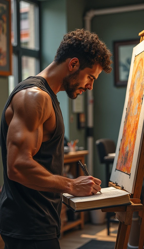 (photorealistic, masterpiece, best quality), a shirtless male artist sitting at a drawing table sketching out a drawing of a male figure, detailed hands, precise strokes in progress, sunlight streaming through the window, studio lighting, vibrant colors, focused expression, slim athletic body build, sculpted chest, sweat glistening on his forehead, art supplies scattered around the studio, photorealistic textures on the artist's skin, pencil marks capturing every intricate detail, attention to shadows and highlights, with a sense of depth and dimension, capturing the essence of the male figure's physique, intense concentration visible in his eyes, capturing the raw emotion in his sketch, an atmosphere of creative energy, perfectly capturing the human anatomy, showcasing the artist's technical skill and artistic vision, realistic proportions, every muscle and curve expertly rendered, blending realism with artistic interpretation, bringing the figure to life on the paper, a testament to the artist's talent and dedication.