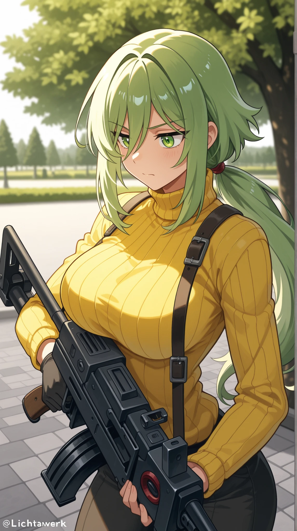 girl, short green hair, gloves, black shorts, earrings, boots, big breasts, cleavage, single thigh high boots, asymmetrical shoes, Jacket, asymmetric sleeves, hair ornaments, earrings, Laundry, angry face, dirty clothes, night, Backlight, have a sniper rifle, angle from above