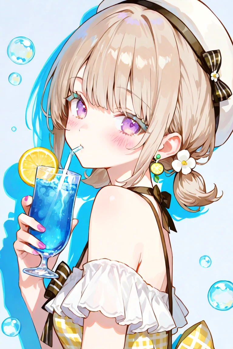 窓のあるテーブルで緑色のcream sodaを飲むアニメの女の子, Light blue long hair、Twin-tailed Girl、Bright smile、cream soda、Cute realistic portrait, Cute girl anime visuals, Soda themed girl, Cute Anime Girl, Anime Moe Art Style, With a straw, Splash art anime
