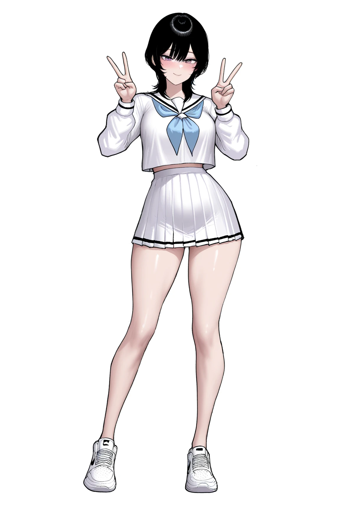 (Masterpiece), Best Quality, ultra-detailed, perfect hands(Delicate finger expression), perfect legs, Delicate eye expression, delicate face expression,1girl(pulesia, petite, small and pretty breasts, naked body),blank face, closed mouth, Solo, nude, full body,see-through nightgown, pussy, cum in pussy, in a bedroom,standing, Sexy waist teasing, provocative pose, wicked smile, waruochi