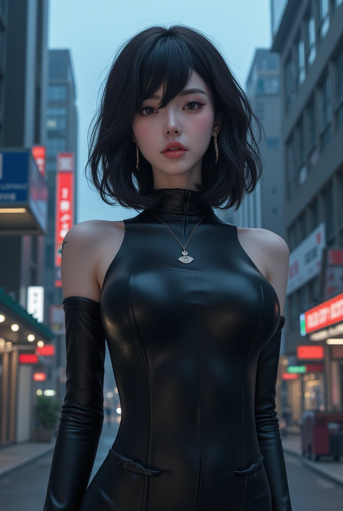4K Ultra Sharp、Highest quality, masterpiece, Ultra-high resolution, (reality: 1.4), -yeld gi Purple eyes, Off-the-shoulder sweater dress, Cinema Lighting、purple and black hair、(Mine Girl、Goth Makeup、Mine Make-up)、(Earrings、Big Breasts、An oversized black t-shirt with open shoulders、Dark mini skirt)、((Heavy makeup、Oilskin,Glowing Skin、Realistic skin texture、Beautiful skin in every detail、Shiny skin)), Dark downtown at night、night、blue film photography、Dark Cyberpunk、(Full Shot:1.8)、Thin legs、Thin arms、Narrow shoulders、Narrow waist、Slender body、微Big Breasts、whole body、Very short hair like a man、Calm pose