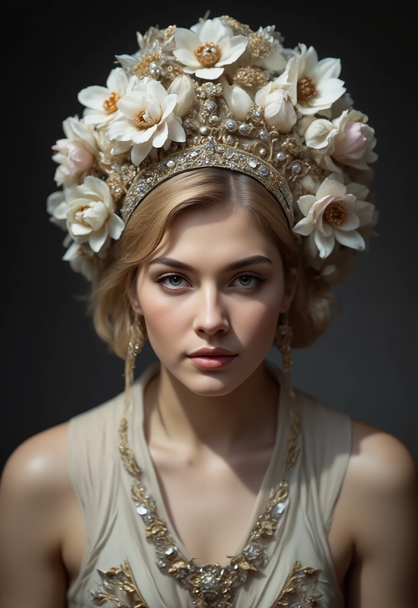 A sharp 9:16 shoulder-up portrait in photorealistic clarity with soft frontal lighting and dark studio backdrop. An adult woman with fair pearl-toned skin and golden eyes gazes gently past the viewer. Her golden-blonde hair is crowned with a radiant headdress of ivory petals and gemstone-centered flowers, accented with gold filigree and citrine gems. A cascade of earrings and a matching floral mantle shimmer with opulent detail. Her expression is serene, her bearing regal and luminous. Color palette: ivory white (dominant), topaz gold (warm split), crystal silver (cool split), citrine orange (accent), soft rose (variant), midnight black (neutral) high-resolution floral divine elegance, gemstone detail, light goddess visage, celestial bloom regalia, luxe white-on-gold harmony