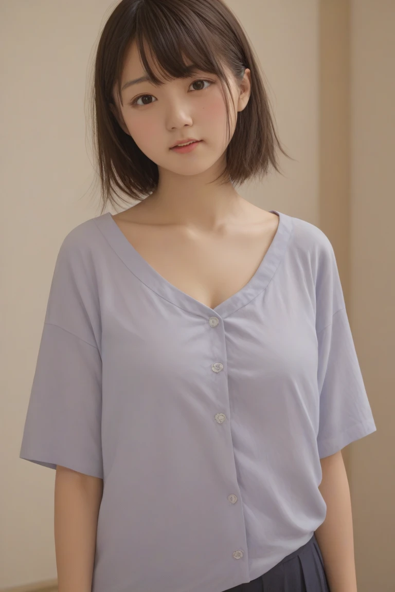 1 very cute girl、12 years old、short hair、Gray Hair、Moisturizes hair、reduce hair volume、Blue background、Upper Body、(head shot:1.5)、Eyes focus、Collared shirt、Laughter、、(8k、RAW Photos、Highest quality、masterpiece:1.2)、(Realistic、Realistic:1.3)、Hmph、The depth of the written world、Wide Light、High Contrast、(Shine:1.4)、chromatic aberration、Sharp focus、RAW color photos、Cinema Lighting、8K resolution、