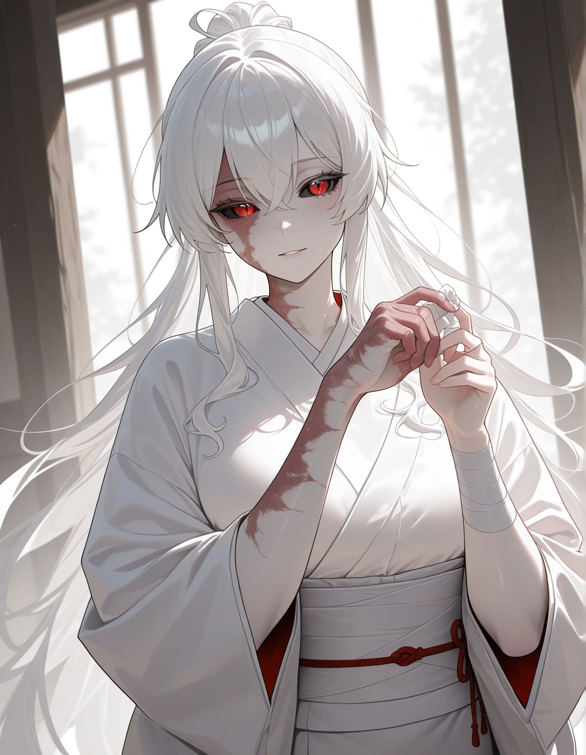 Japanese white kimono doctor with mouth veil amd blood stained on the dress anime