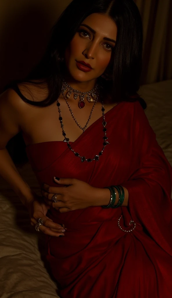 A beautiful woman in a black saree, detailed portrait, photorealistic, high resolution, intricate jewelry, long flowing black hair, full body view, striking red eyes, wearing a crown on her head, elaborate jewelry, warm lighting, colorful background, red roses, married