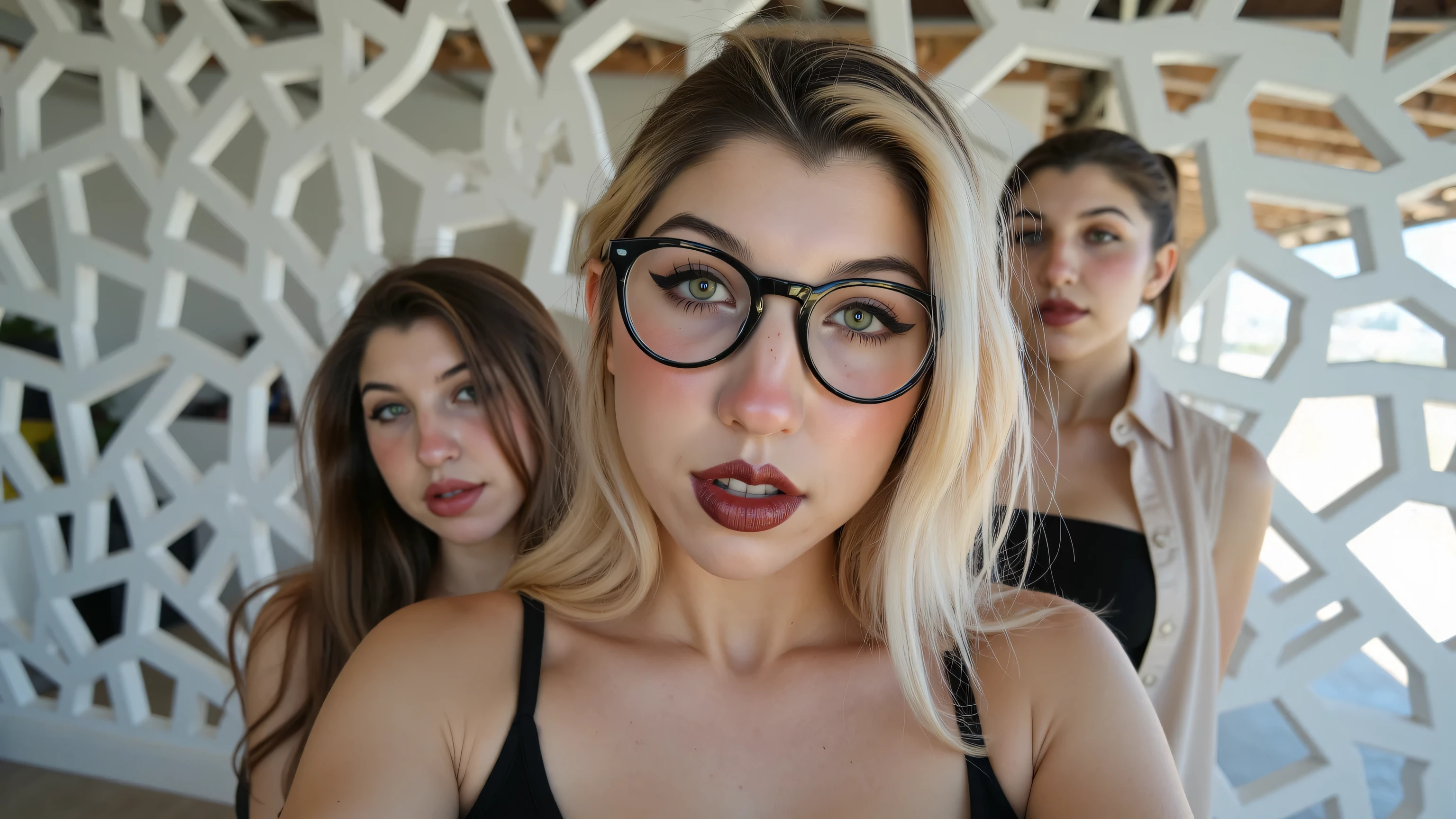 incredibly realistic group of 5 girls, This is a photograph of a young nerdy woman with fair skin, short straight blonde hair cut in a shaggy and layered style, giving her a natural and messy look. Perfect round breasts, (Big breasts), cleavage, very slim waist, thick thighs, busty, almond shaped light green eyes are accentuated with thick black eyelashes and dramatic makeup, with light blush ,black lipstick, Wearing a revealing dress, wearing large black glasses, in the background a white floor wall with geometric shapes, ultra realistic, super detailed, high quality. cleavage upper body shot , look at the camera, pouting lips, light freckles across cheeks and nose