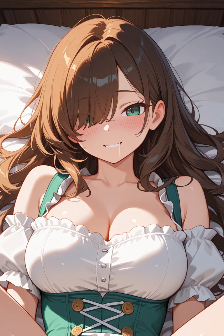 full body, extreme curly hair, thick luxurious hair, lustful eyes, a knowing smile, aroused , playfully aroused, dripping with desire, busty cleavage, heavy bust, large breasts, pajamas, slim waist, posing by the bed, coy smile, (blushing:1.3), looking lovingly at the viewer, seductive green eyes, an inviting pose, bedroom background, champagne, in love (pov), loving gesture, loving gaze, loving eyes, glowing eyes, highly detailed eyes, chocker, earrings, nsfw,