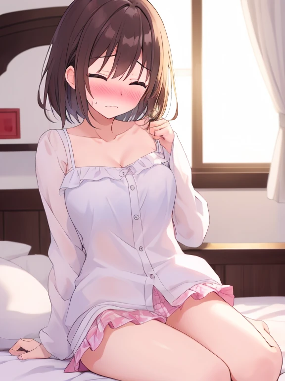 (1 person、alone), Beautiful woman, (Anatomically perfect body), (nurse、nurse:1.2), (白のnurseユニフォーム), (extra detailed side tie panty:1.2)、(Look down:1.2), (Pussy juice:1.3)、20-year-old、(Highest quality)、Black Hair, short hair、 (hospital)、(8K, High resolution)、(shy:1.4)、medium breast, (Thin legs、Small Ass)、(steam:1.1), (embarrassed:1.3), show off nipples under uniform、(On the bed, sit)、(knees to chest, Bend your knees:1.1), High definition beautiful face、nurseサンダル、(hand to pussy:1.3)