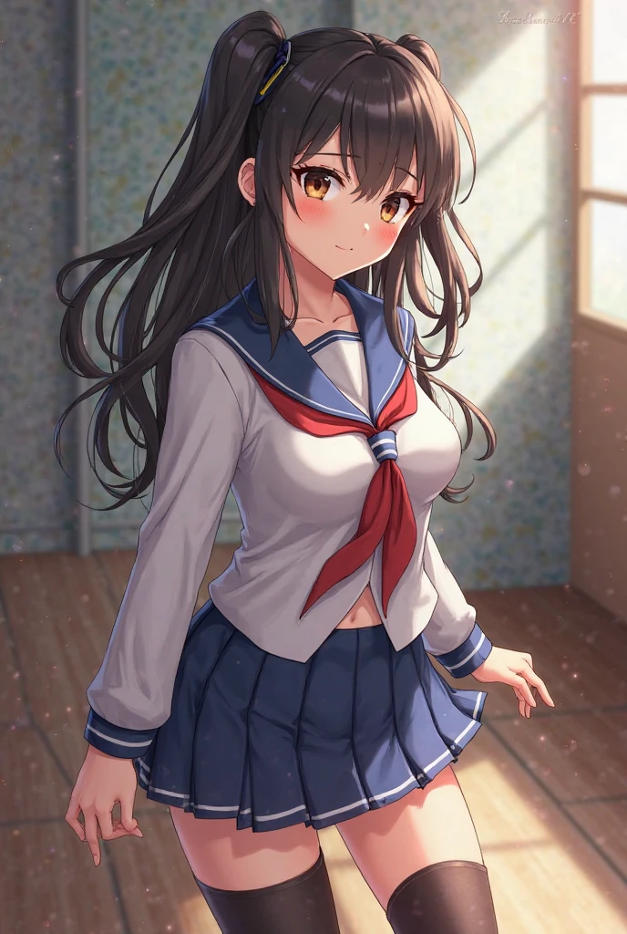 Tanuki, high school girl, anime, sailor uniform, big breasts, miniskirt, tsundere