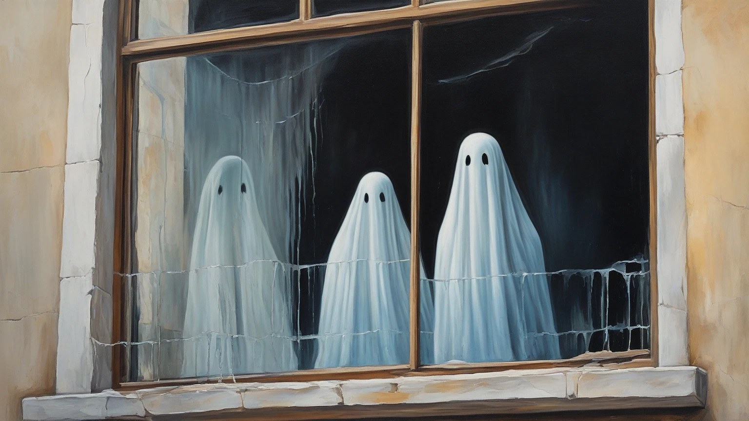 Multiple ghostly figures appearing around the friends, all looking trapped and horrified.