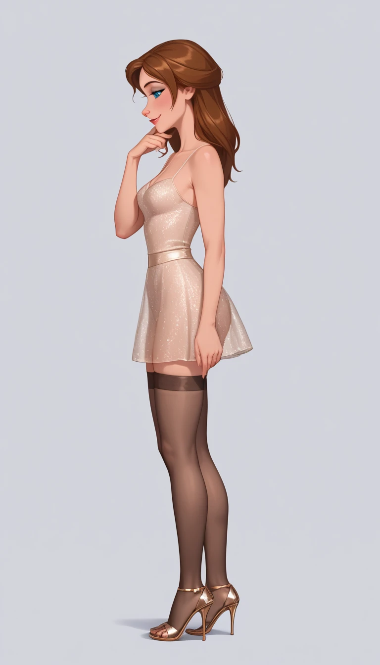 Beautiful woman, long dark wavy hair with bangs, blue eyes, wearing cute crop top, micro skirt, red belt, pulling down her pantyhose, wet skin, realistic, pantyhose pull, skirt lift, flashed shaved vagina