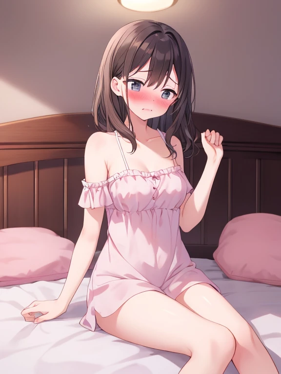1girl, (loli), cute daughter, happy, short hair, twintail hair, cute pink mini dress, upskirt, spread cameltoe, (((cum))), (((((cum inside white panties side tie))))), lying, bedroom background