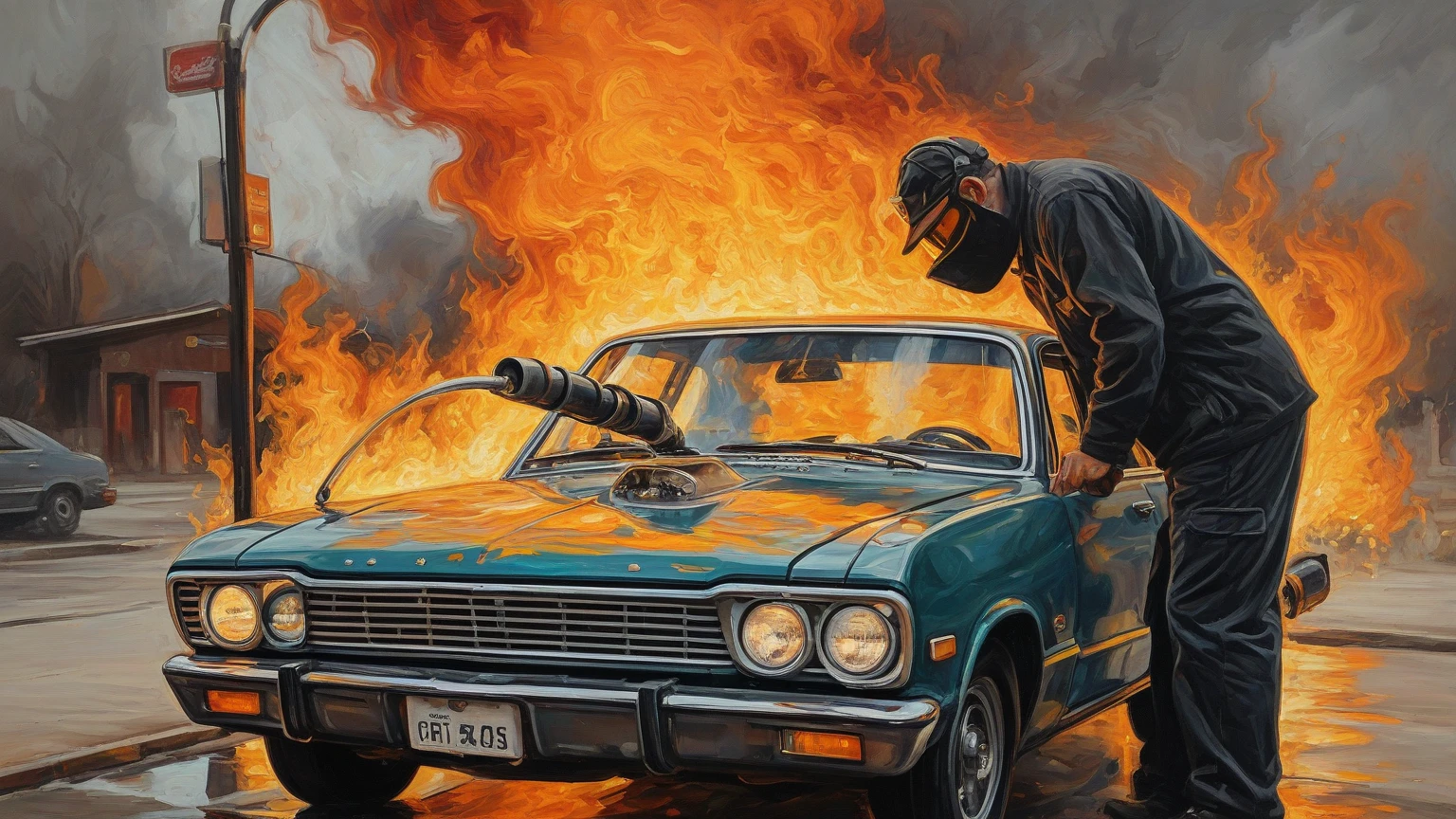 a man standing in front of a fire with a car in the background