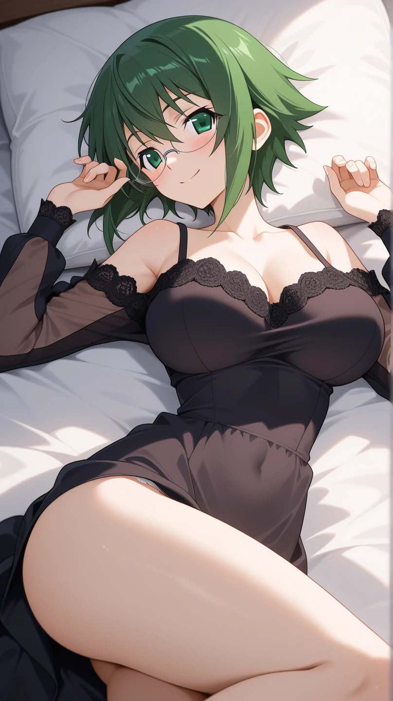 Beautiful young girl is looking at the viewer,1girl,short silky dark black and dark green hair,beautiful green emerald eyes,sexy black Bikini ,sexy black panties,,big breasts,sexy thighs,sexy open leg pose,sexy pose,blushing,smile,bedroom,anime,masterpiece,8k,very high quality,standing pose
