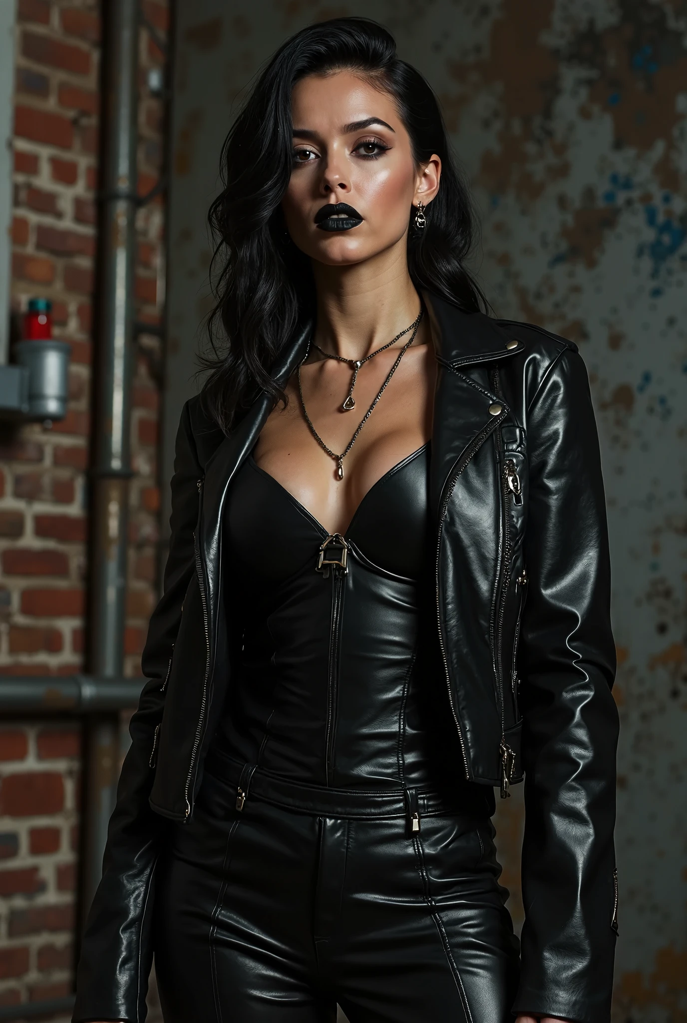 professional and realistic photo of sexy modern 23 year old goth girl Cersei Lannister, studded leather jacket, sexy outfit, provocative pose, goth makeup, black lipstick, grimy alley, busty, rebel
