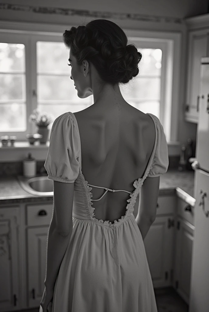 A captivating silhouette of a young girl with her back turned, her hair neatly tied up, depicted in a high contrast style. Delicate shadows playfully dance around her form, evoking an enigmatic and mysterious aura. The soft curves of her figure subtly take shape against the radiant backdrop, inviting the viewer to imagine the allure hidden behind. Black and white palette, minimalistic yet expressive, emulating the vintage charm of classic photography.