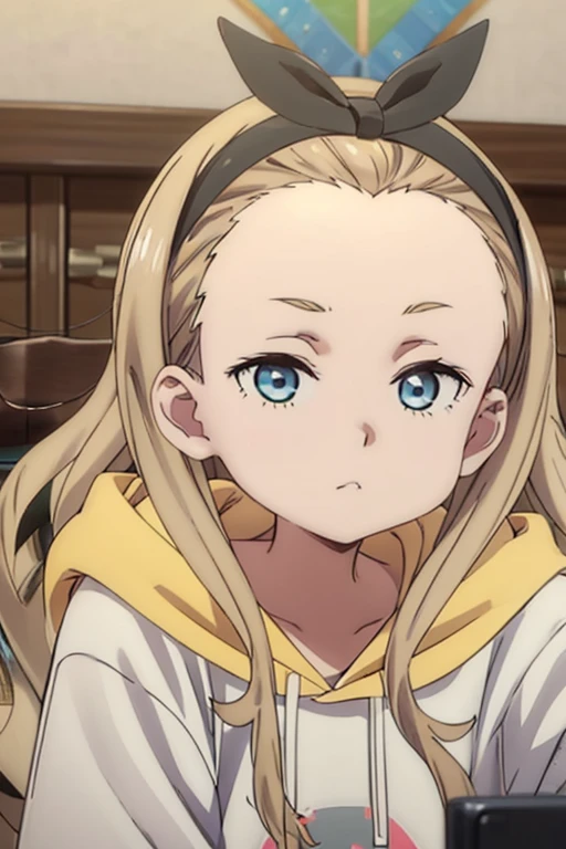 best quality, masterpiece, highres, solo, {kurumi_lycorisrecoil:1.15}, blonde_hair, long_hair, hairband, black_hairband, forehead, hoodie, black_ribbon, blue_eyes, ribbon, closed_mouth, hair_ribbon, white_hoodie, indoors, 1girl, looking_at_viewer, hood, bow_hairband, upper_body, portrait