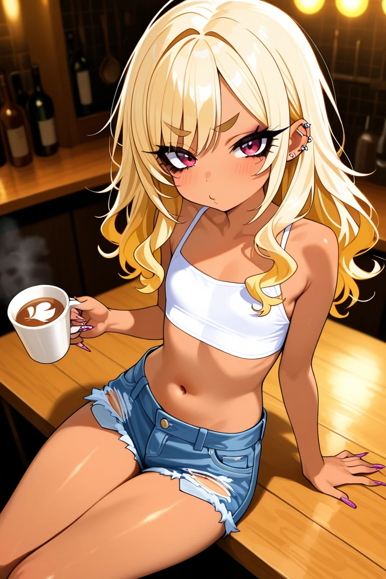 anime style image of a 35 year old mature girl, that she is dressed in provocative clothing, light blonde hair, dark-skinned person who is at home