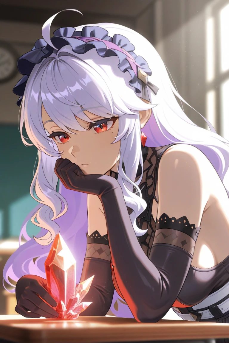 NSFW,Kazuki Kazami、Silver Hair、Long Hair、Red Eye、(Quality long dresses:1.5),(Perfect hands),(Perfect Anatomy),(masterpiece),(Highest quality),Embarrassed,blush