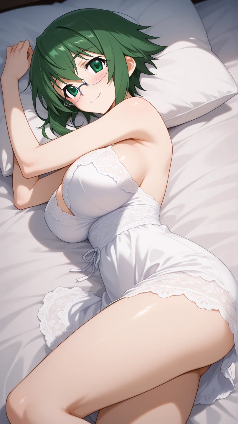 1girl, nahidadef, large breasts, pink playboy bunny, blush, lying, on side, solo_focus, looking_at_viewer, white pantyhose, thighhighs, smile, from_side, bed_sheet
