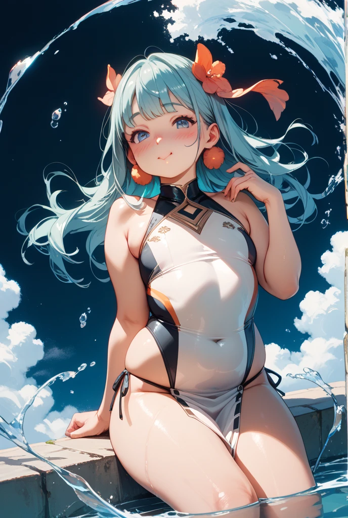 masterpiece, best quality, highest quality, (perfect illumination:1.4), (photorealistic), perfect anatomy, perfect face, perfect eyes, bulmadbzreddress, aqua hair, short hair, blue eyes, earrings, red bikini, sexy pose