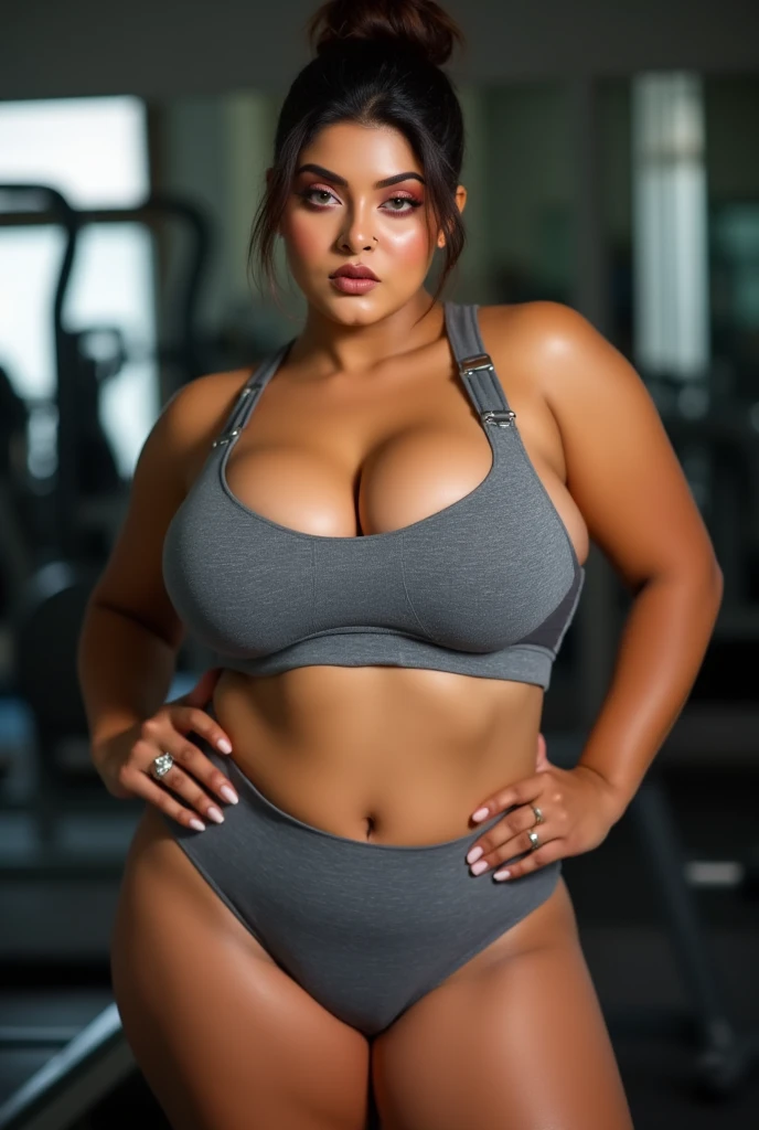 Chubby, busty, boobs barely contained, voluptuous, wearing tight tank top, fat, big boobs , big girl, showing off, latina, athlete, sweaty, being inappropriate, at the gym