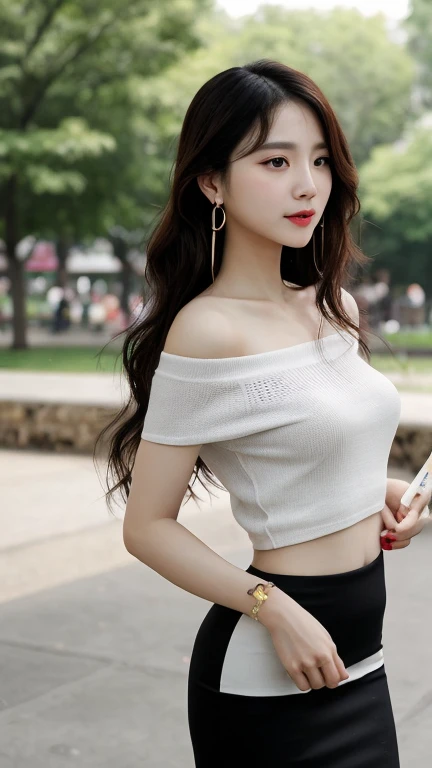 Photorealistic、Realistic、highest quality、Natural Lip、Fair skin、Great light、Beautiful lighting、Parted bangs、((Brown Hair))、Off the shoulder、Big cleavage、White crop top、mini skirt、Gorgeous Accessories、Harajuku、Cute Smile、Crowds in the city