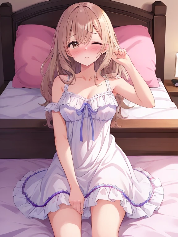 (8k, best quality, master piece: 1.2),super high resolution,1 girl, solo, cowboy shot ,ultra-detailed face, Selfie、negligee、Half Up、cake、Private room、bed、Midnight、Out of the window、Starry Sky、wariza, hand between legs, Collarbone, Ecstatic expression,Touching the chest