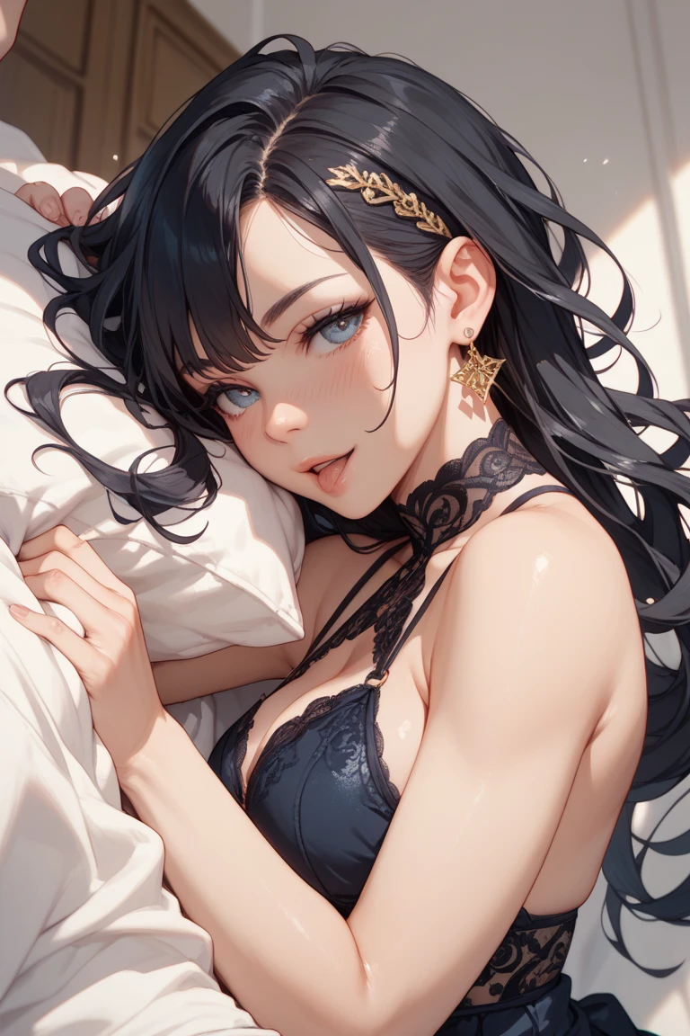 Super detailed、Particles of light:0.5、Off-the-shoulder loungewear、Beautiful cleavage、Lie on your back in bed、Beautiful Blue Eyeouth half open、Natural Texture、Dripping cloudy saliva,Sweaty face 1,5、Sweat running down her cleavage 1,9、Sweating profusely 1,9、