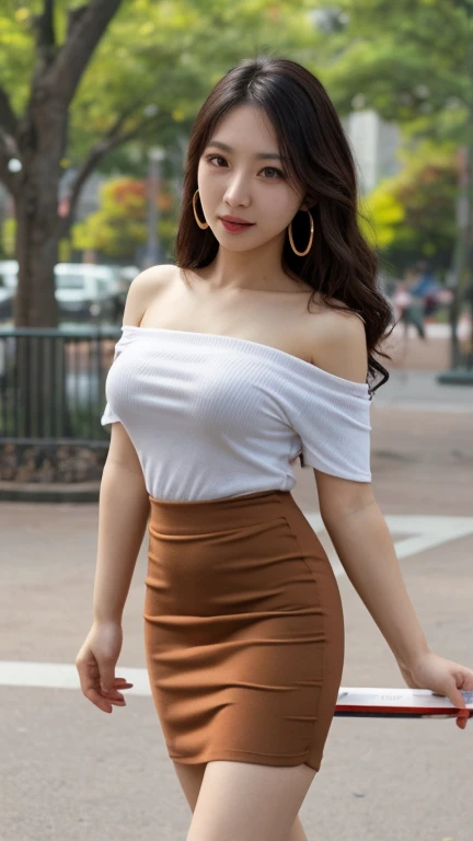 masterpiece,best quality,ultra detailed,highres,high-resolution,4K,realistic,RAW photo,((real person)),portrait photography,photorealistic,detailed skin,(delicate black eyes ), A soothing woman with sagging eyes,Calm and calm, middle hair,skinny,clothing,The wind is blowing,tareme、She is wearing a micro mini skirt, with her hands clasped behind her back, her beautiful thighs visible, and her navel showing、(panty flash)、smile、(huge breasts)、A skirt so short that it reveals the butt crack、Beautiful belly button、Beautiful clavicle、(A mini skirt that reveals the lower belly)、Off-the-shoulder shirt