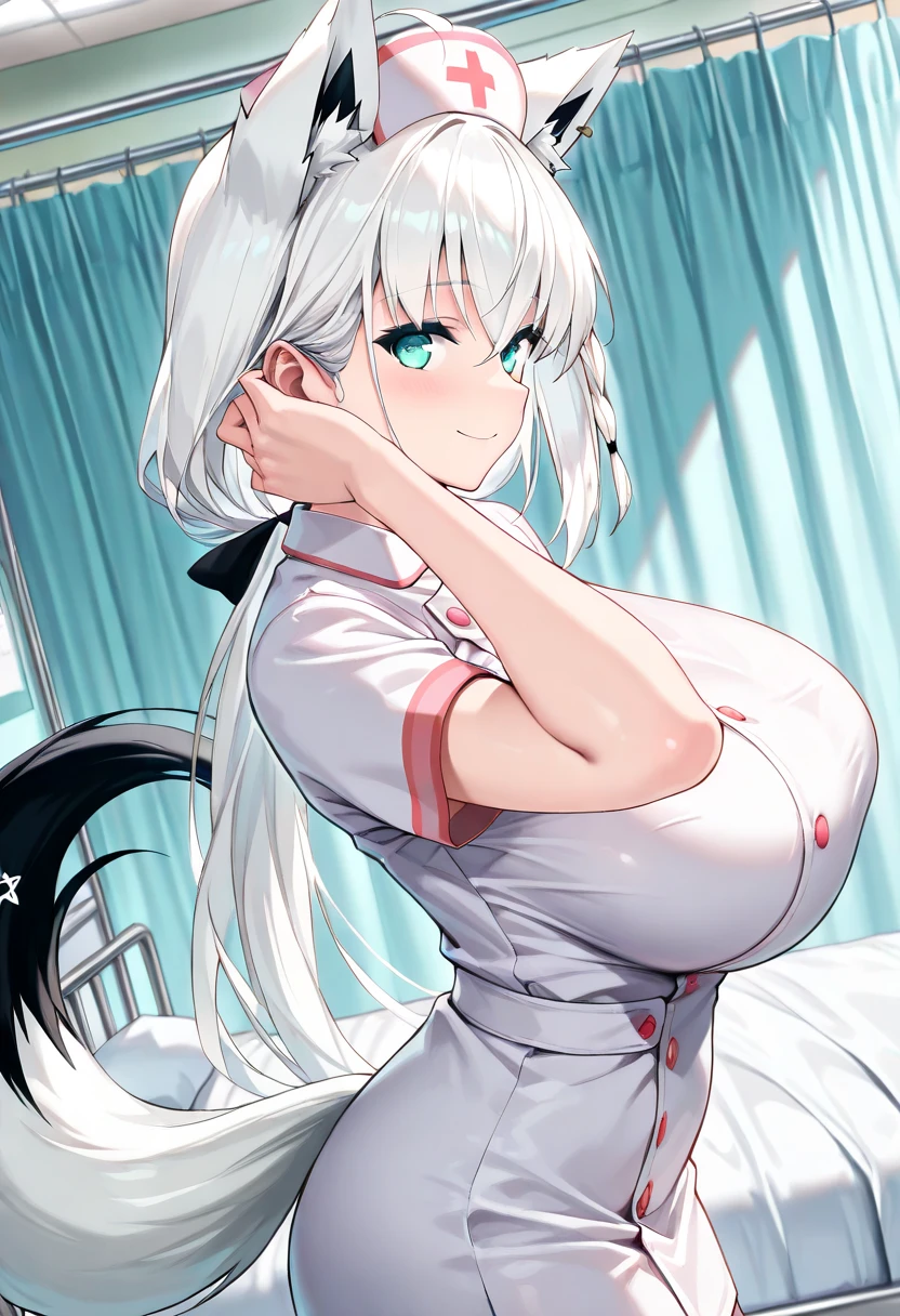 1girl in, (Solo:1.2), (Beautiful and detailed eyes description), (beautiful and detailed face), Perfect female body, neat figure, Slender waist, (Young Girl), (20 years old), Long hair, Platinum Blonde Hair, Two-side-up,Very big eyes, Blue eyes, medium breasts, blush, Shy, watery lips, Nurse, (nurse dress), Nurse Cap, Unbuttoned,Stunning lace and white underwear, (White Gloves:1.2), (White pantyhose), high-heels, a necklace, Hospital bed, White curtains, Sunlight, hand between legs, Straddle the camera, Squatting, (Best Quality), (ultra-detailliert), (masuter piece), (hight resolution), (Original), (the Extremely Detailed CG Unity 8K Wallpapers), Character Design, Game CG, Detailed Manga Illustration