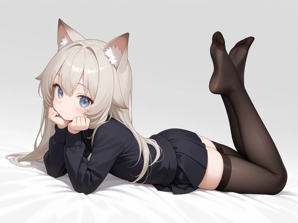 white hair,whole body,cat girl,Few clothes,Yuzu,black,blush,stretch out,pleading expression,Love in your eyes,Pink pupils,,disturb,lace