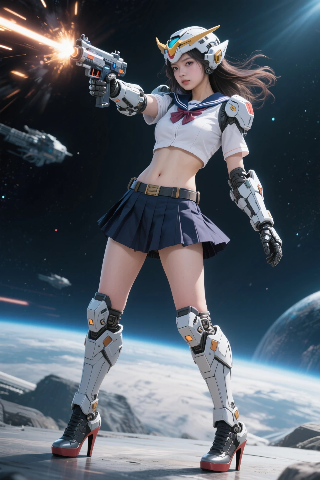 (highest quality), (masterpiece), Mobile Suit Gundam F91 personification, Browsing Caution, Great highlights for the upper body, Powerful Mech, Beautiful girl with a beam rifle, 19 years old, Baby Face, Beautiful Eyes, Modest nose, Neat, smile, Medium Hair, Absolute area, Moist、Slightly thick thighs, whole body, Fighting Pose, Leg spread, Short skirt, universe, Battle scene with enemy,