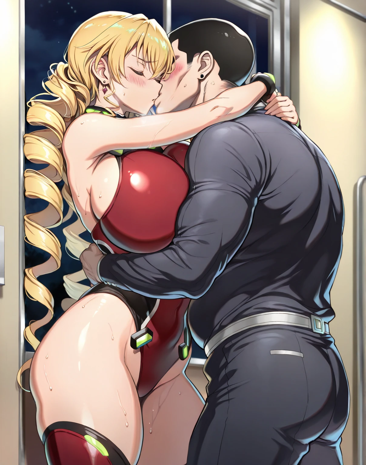 (nsfw),masterpiece,ultra detailed,sharp focus,4k digital art,high resolution,(realistic,realistic skin),from side,buttocks focus,,(aroused:1.7),(1man,1female,man groping female:1.3),(off-the -shoulder blouse,short skirt,necklace),(blonde hair,medium straight hair),(sweaty:1.2),(tanned skin:1.3),grinning,(trembling,flying heart-shapes:1.2),(female and man standing in train:1.1),sexy undies,curvy ass,drooling,heart pupils,puffy nipples,leaning on door
