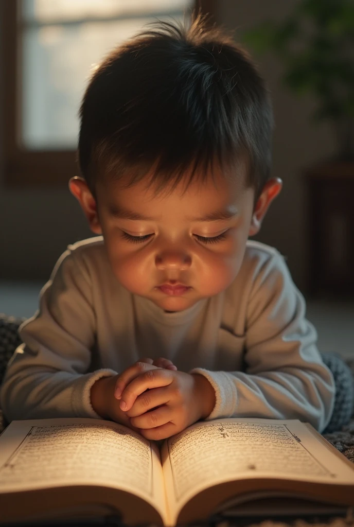 Child lying on carpet, reading an open Bible