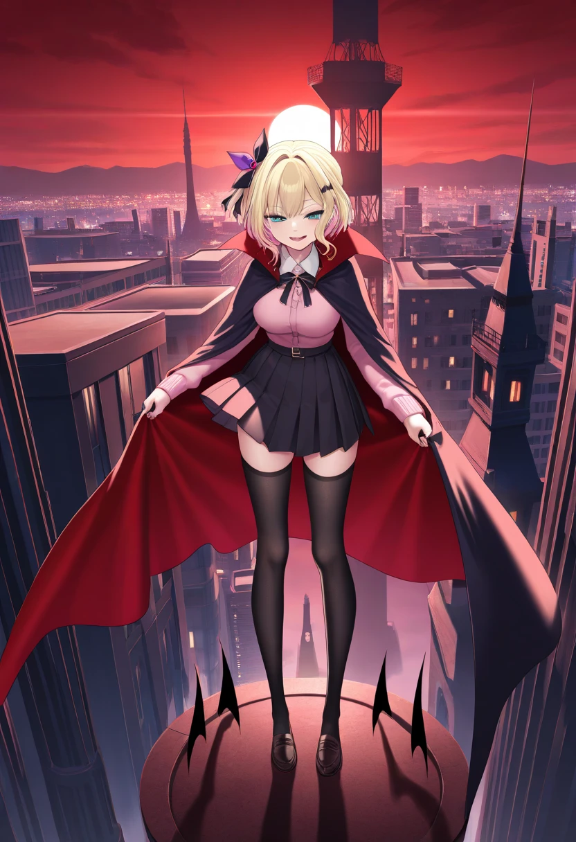 1girl, alone, desumi magahara, short hair, blonde hair, green eyes, black gloves, pink suit with details black, cleavage, big breasts, medium waist, wide hips, medium thighs, round butt, cape, decorations boned, elbow-length gloves, thigh-highs, thigh-high boots, black boots, black suspenders, choker with skull detail, pink leotard with black details, black cape, outdoors, cityscape, leaning, smile, alone, dutch angle , looking at the viewer, from the front, (Full body photography:1.5), perfect antonia, perfect hands, cowboy shot, ((perfect anatomy)), ((perfect hands)), ((perfect face)), ((super detailed)),