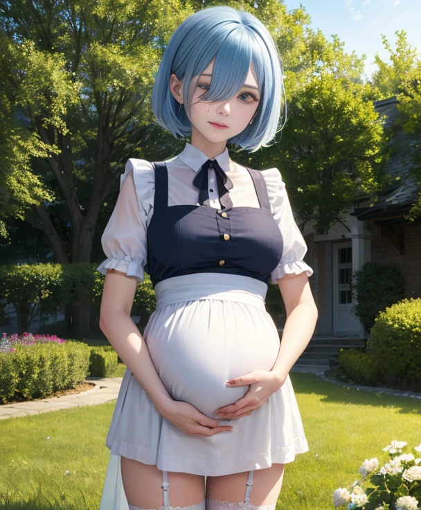 High, sharp focus, Pixiv masterpiece, ((intricate details)), very detailed, upper body, 1girl, rem_re_zero, blue hair, short hair, maid uniform, hair ornament, neckline, maid's headdress, separate sleeves, ribbon, full body, raised dress, exposed panties, white panties, Big Bump pregnant Belly, Big Pregnant girl, Largest Belly of Pregnant, Huge Pregnancy, huge 9 months Pregnancy Belly