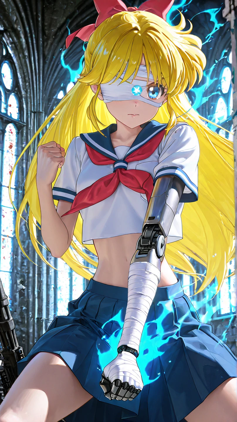 1girl,sexy minako aino, yellow hair, blue eyes, red ribbon, high school uniform, fight pose, tatto, Glowing tatto, Robotic arm, blue aura, Hand Bandage, Blind fold,crop top,High Resolution, Masterpiece, Accurate, Anatomically Correct, Award Winning, Best Quality, High Details, High Quality, Super Detailed, Textured Skin, UHD, 3D Rendering, Digital Art, (verry bottom view:1.4),post apocalypse,ruined church, movie quality, holding Enermous machine gun,