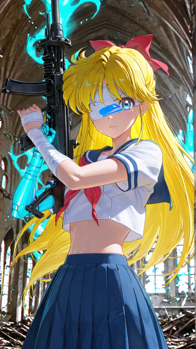 1girl,sexy minako aino, yellow hair, blue eyes, red ribbon, high school uniform, fight pose, tatto, Glowing tatto, Robotic arm, blue aura, Hand Bandage, Blind fold,crop top,High Resolution, Masterpiece, Accurate, Anatomically Correct, Award Winning, Best Quality, High Details, High Quality, Super Detailed, Textured Skin, UHD, 3D Rendering, Digital Art, (verry bottom view:1.4),post apocalypse,ruined church, movie quality, holding Enermous machine gun,