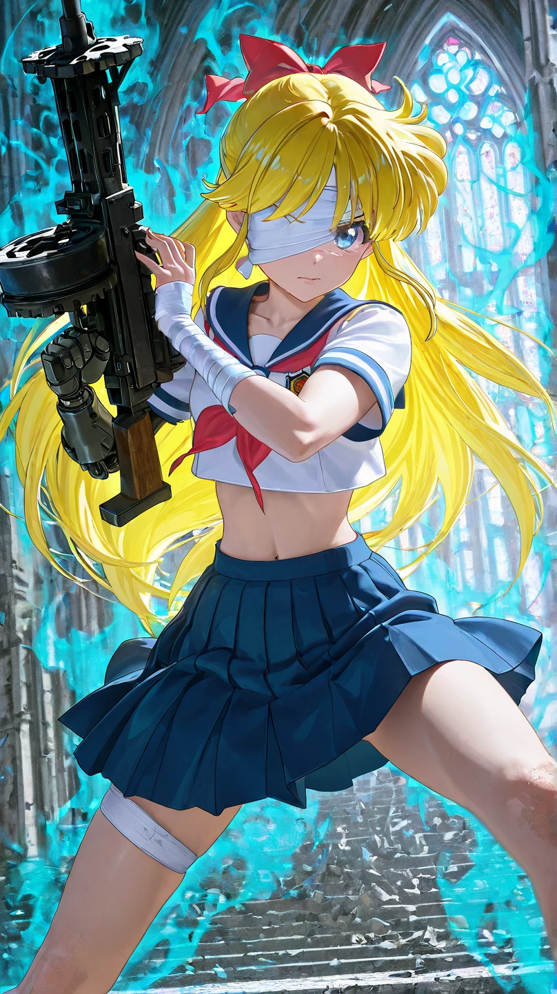 1girl,sexy minako aino, yellow hair, blue eyes, red ribbon, high school uniform, fight pose, tatto, Glowing tatto, Robotic arm, blue aura, Hand Bandage, Blind fold,crop top,High Resolution, Masterpiece, Accurate, Anatomically Correct, Award Winning, Best Quality, High Details, High Quality, Super Detailed, Textured Skin, UHD, 3D Rendering, Digital Art, (verry bottom view:1.4),post apocalypse,ruined church, movie quality, holding Enermous machine gun,