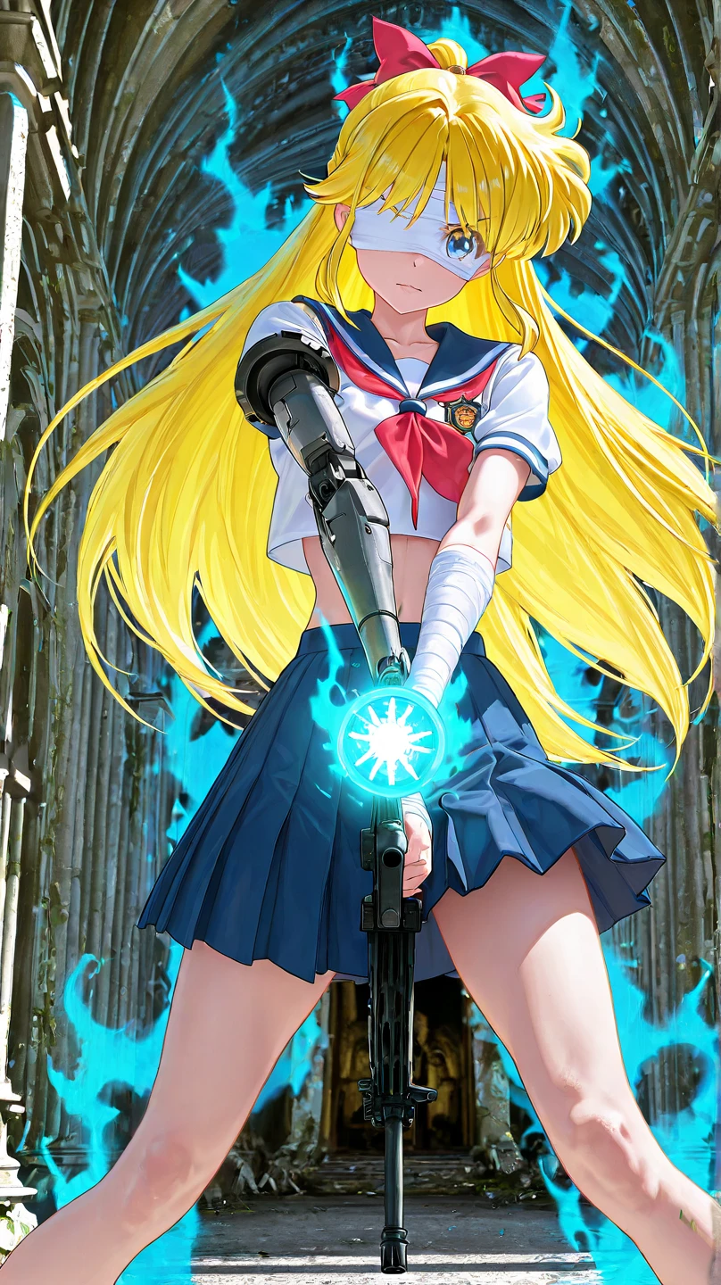 1girl,sexy minako aino, yellow hair, blue eyes, red ribbon, high school uniform, fight pose, tatto, Glowing tatto, Robotic arm, blue aura, Hand Bandage, Blind fold,crop top,High Resolution, Masterpiece, Accurate, Anatomically Correct, Award Winning, Best Quality, High Details, High Quality, Super Detailed, Textured Skin, UHD, 3D Rendering, Digital Art, (verry bottom view:1.4),post apocalypse,ruined church, movie quality, holding Enermous machine gun,