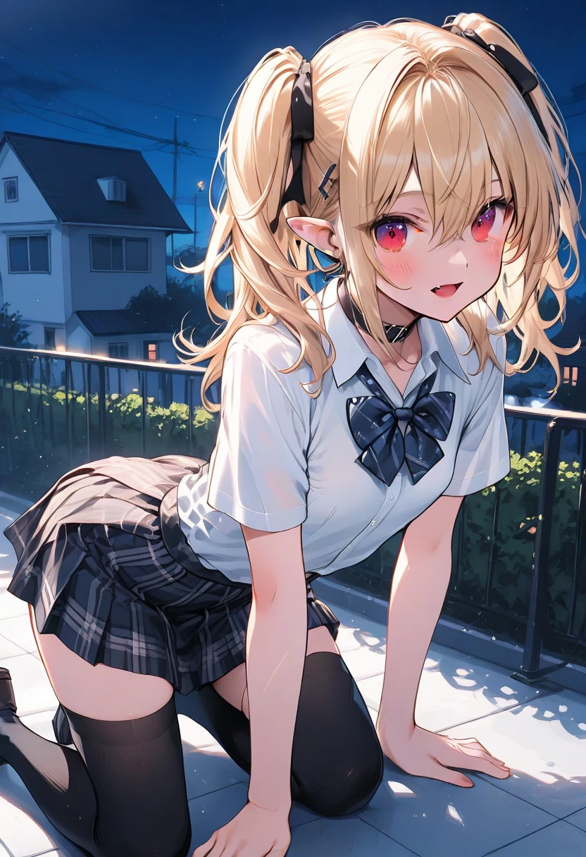 masterpiece, high quality, best quality, one girl,platinum blonde,medium hair,red eyes
, Middle chest, Black tied shirt, Plaid miniskirt, Black lace, Sweatshirt, Stockings, Skull hair clip, Makeup, Blush, Goth, Moan