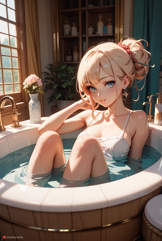 swim wears,Delicate face,2D Beautiful Girl,White hair,adolable,In the bath,dishiveredhair,Slender limbs,Be red in the face,Beth