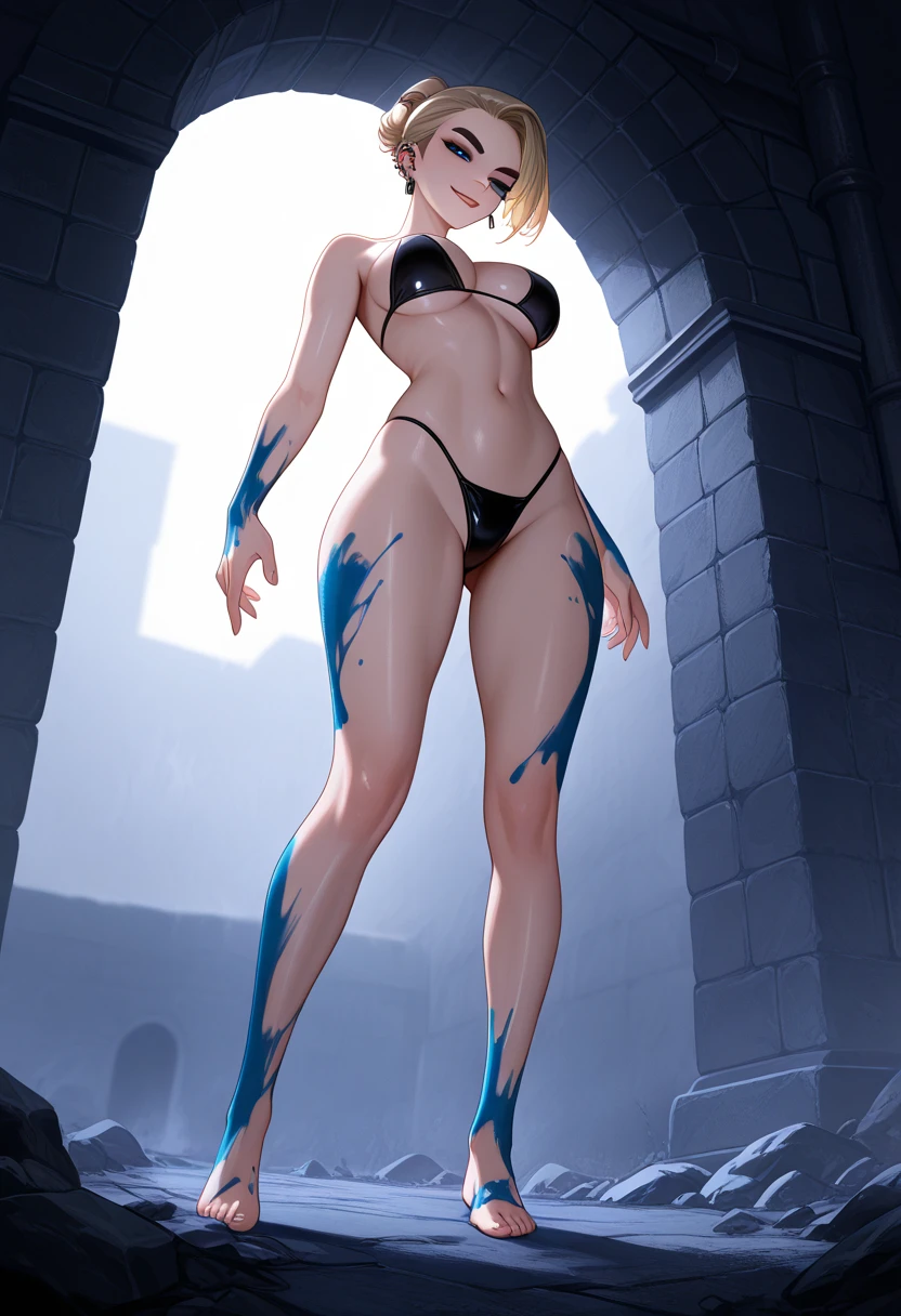 masterpiece, best quality, 1girl, kitana, mouth unmask,mask on chin,full body,face no mask, black hair, hair bun,large ass,armpits shinning, yellow eyes, dark skin, shoulder armor, closeup, sketch, solo, forest background mouth open,tongue out,tongue spit,tongue saliva,mouth full spit