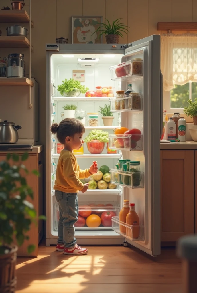 Write a prompt about a boy who, after a joyous playtime, excitedly opens the fridge for a refreshing drink. Despite finding it nothing. Fridge has nothing , he remains surprisingly happy.