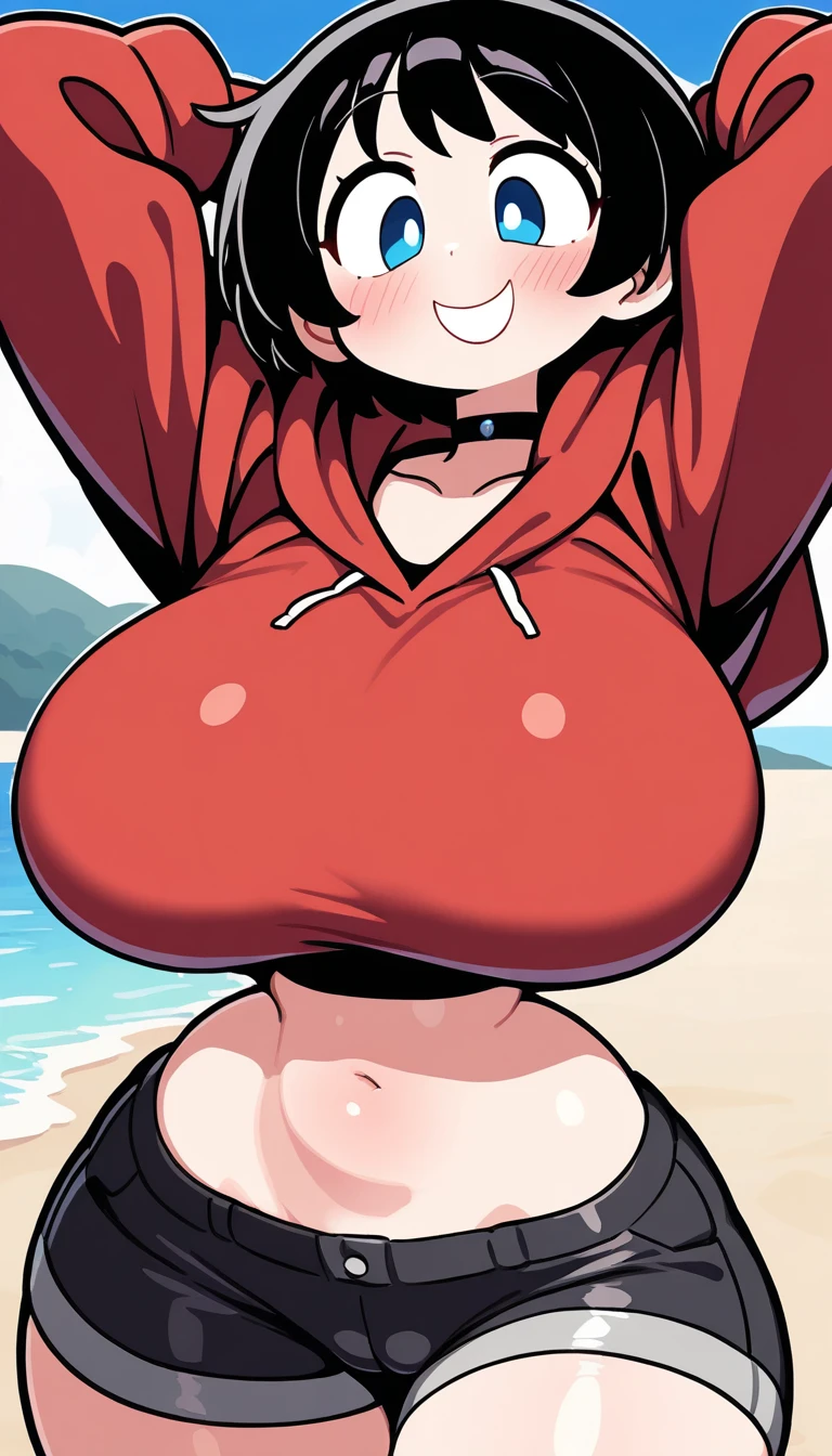(Perfect body),Best Quality,16 K、((((Short stature))))、((((Lori))))、(white leotard)、(((blush)))、:D、I have my mouth wide open、Tsuriformes、Blunt bangs、(short-hair)、(((bob cuts)))、(Red Eyes),((Black hair)),(Sweat)、((red scarf))、((Big ass))、((huge-breasted))、(((thick thighs)))、Armpits、