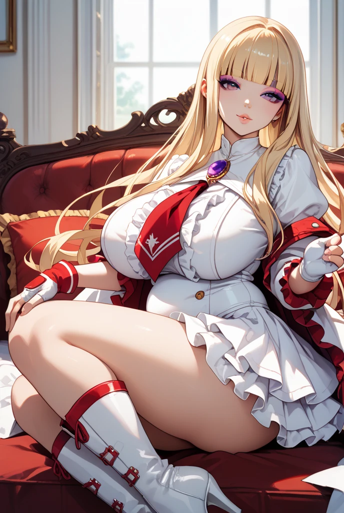 anime style、masterpiece、highest quality、1 girl、big breasts:1.3、shiny skin、satella、serious、blonde hair、long hair、cowboy shot、dress、brown cross lace shoes、cleavage、black ribbon、clothing clippings、juliet sleeves、white thigh high sockeadow background