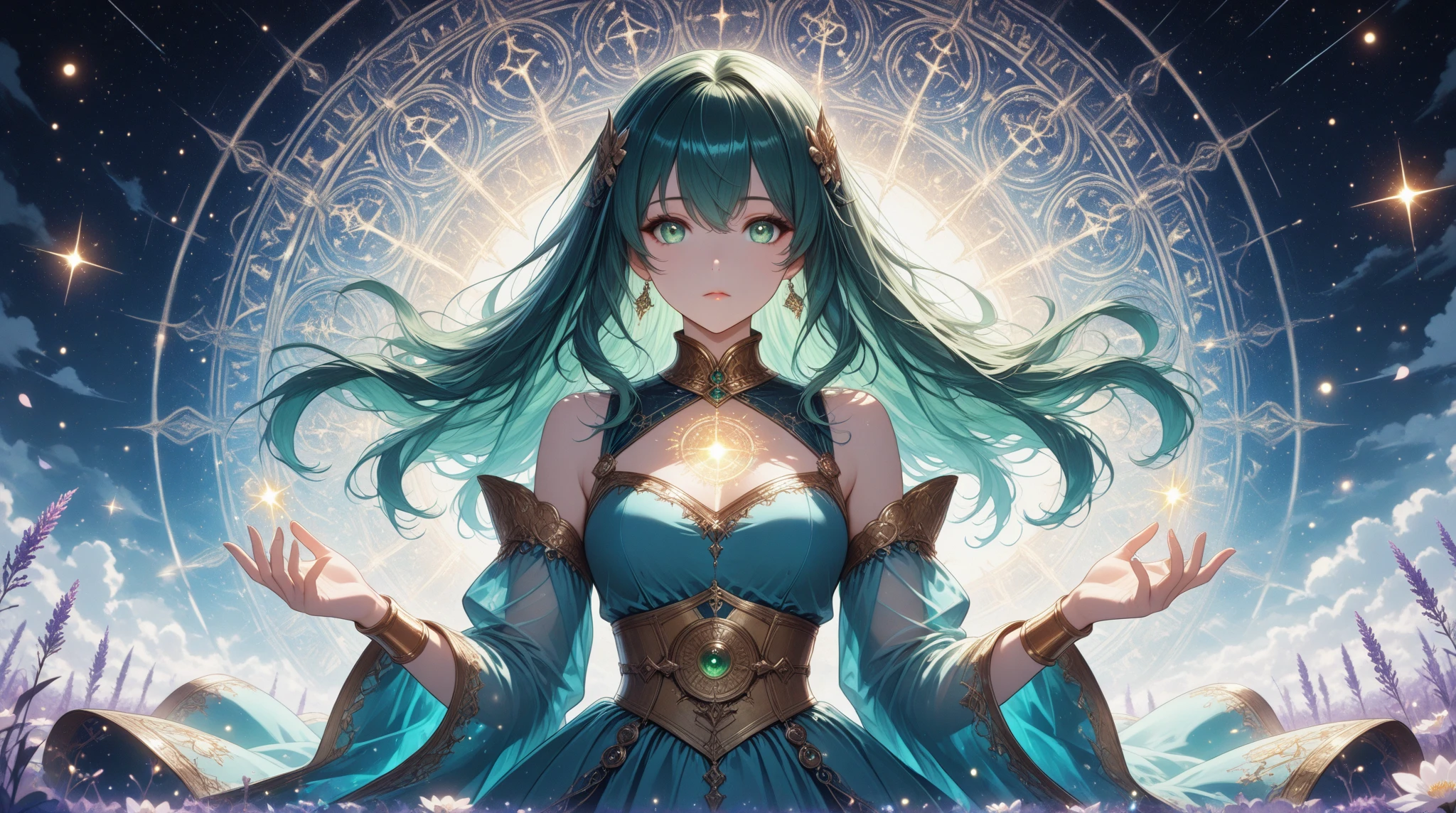 Generate an image of a woman immersed in a fantastical world of magic and enchantment. Describe her with flowing, ethereal attire adorned with mystical symbols or patterns that radiate magical energy. Emphasize the use of cinematic lighting to evoke a magical atmosphere, perhaps with soft, glowing elements surrounding her. Depict her in a whimsical pose that captures the essence of a magical realm, whether through a wand, staff, or other enchanted accessories. Utilize diverse keywords from the SeaArt list for each category to ensure a rich and visually engaging representation of her fantasy, magical-themed appearance.