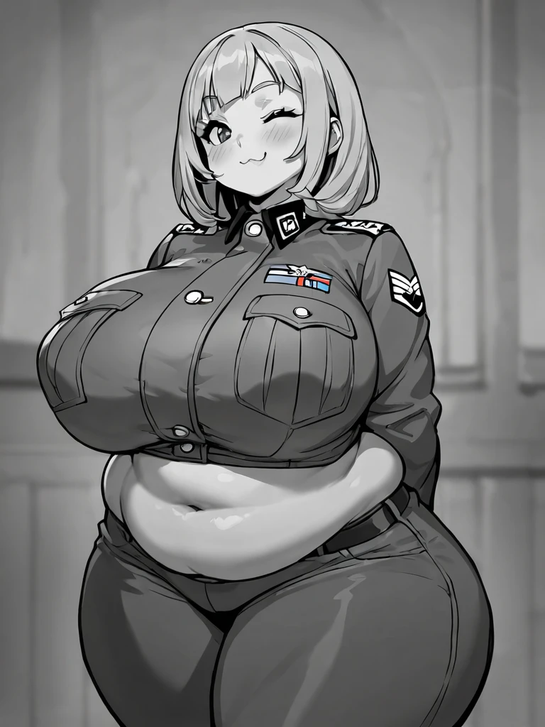 1girl,vsknormal, white shirt, blue skirt, pantyhose, patch, snowflake hair ornament, bowtie, short hair, black jacket,pouches, cowboy shot, large breasts, thighs, areolae